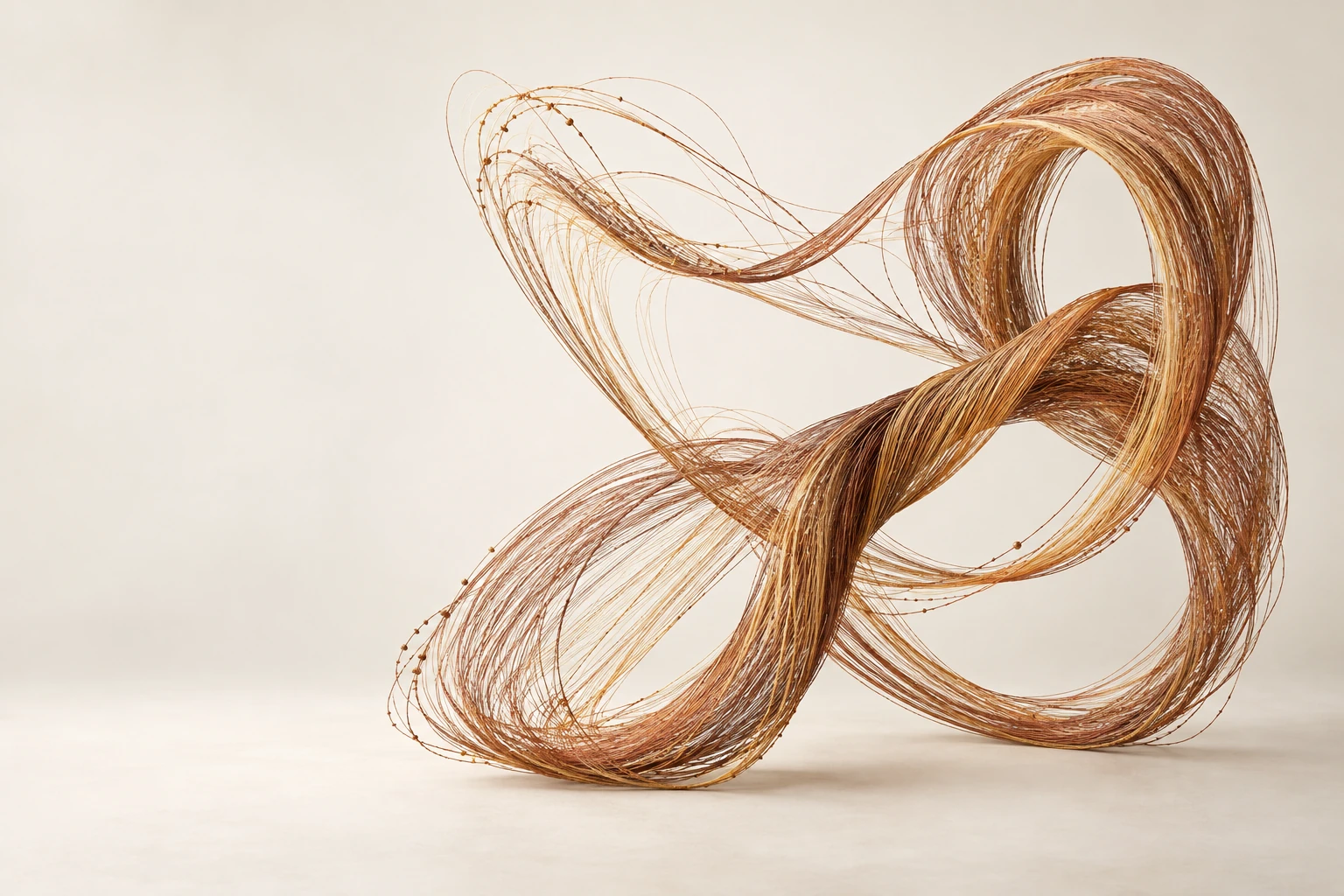 A sculpture of copper threads branching and finding their way together